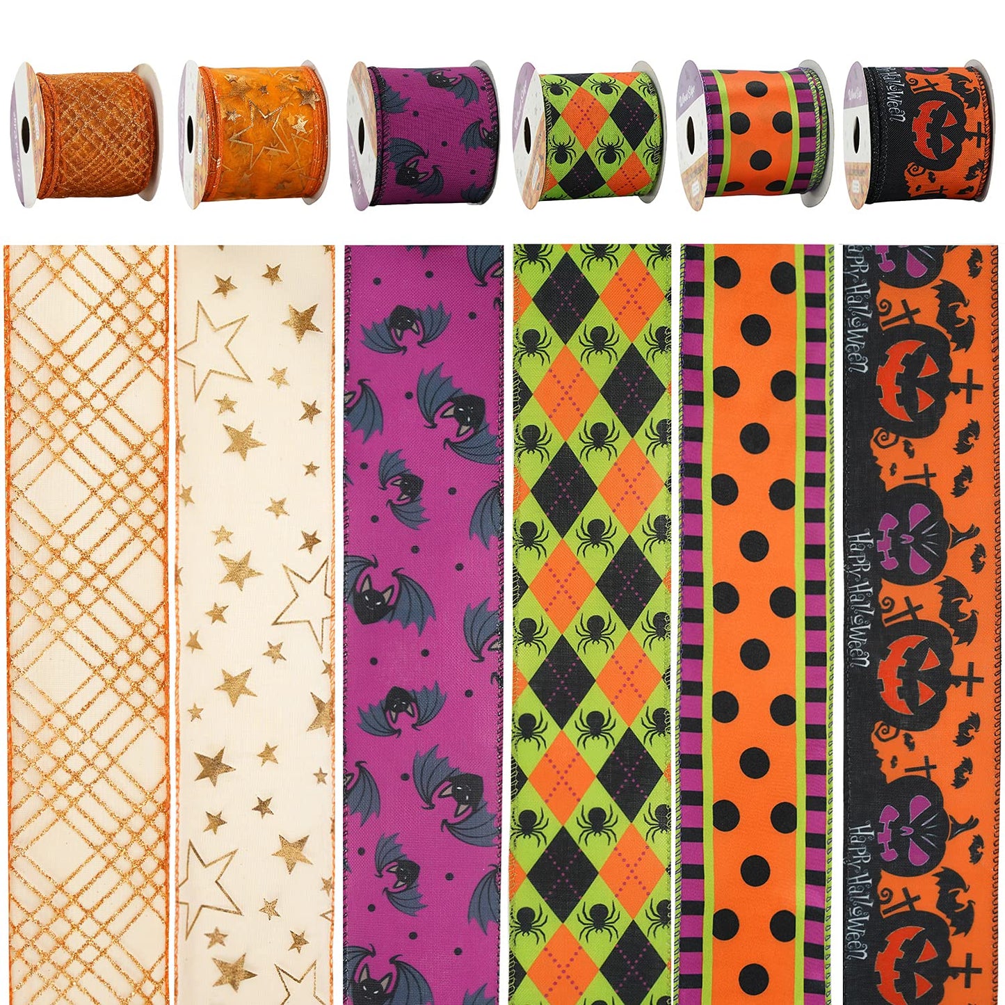 MEEDEE Halloween Wired Ribbon - 6 Rolls, 36 Yards, Black & Orange, Buffalo Plaid & Pumpkin Designs for Wreaths