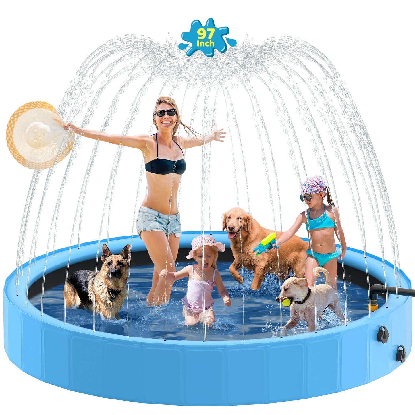Raxurt Dog Pool with Sprinkler, 97'' Foldable Dog Pools for Large Dogs, 2-in-1 PVC Non Slip Pet Bathing Tub for Outdoor Backyard, Blue