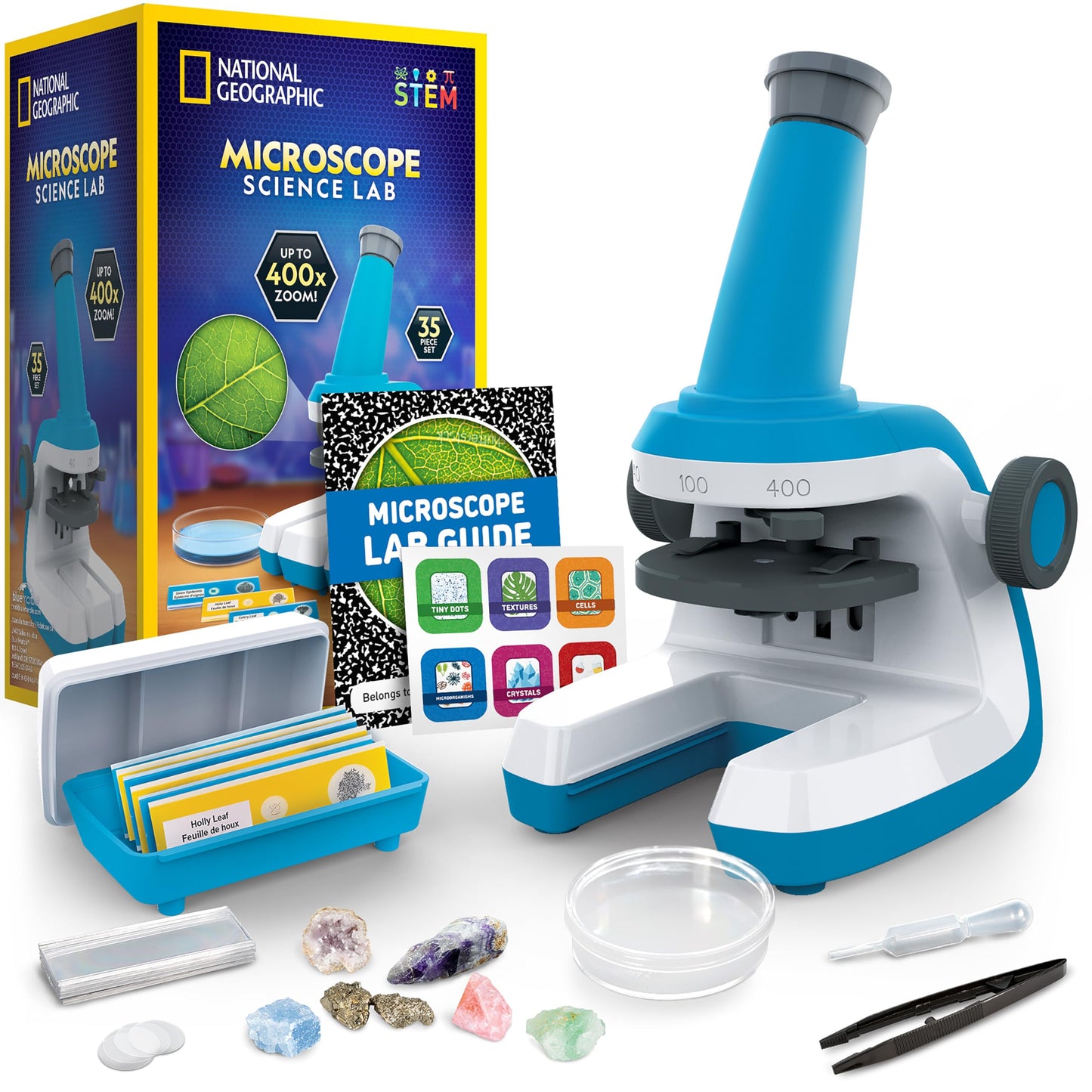 NATIONAL GEOGRAPHIC Microscope for Kids - Science Kit with an Easy-to-Use Kids Microscope, Up to 400x Zoom, Blank and Prepared Slides, Rock & Mineral Specimens, STEM Project Toy