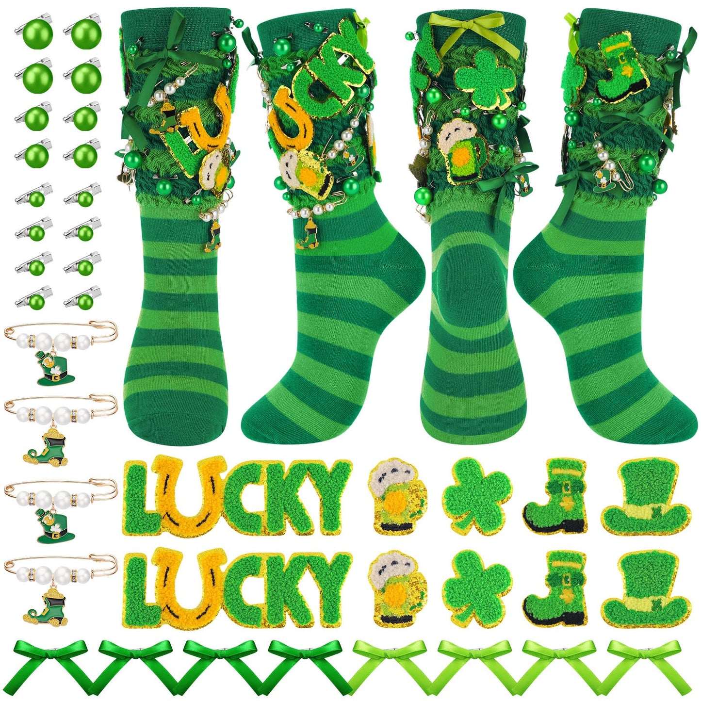 Chicingyou 40 Pcs St. Patrick's Sock and Charms Kit for Women Include 2 Pairs DIY Irish Socks 38 St. Patricks Charms Accessories Jewelry Decor Irish Chenille Patches Brooch Green Shamrock Patrick Gift