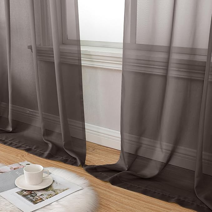 Aiyufeng Chocolate Brown Sheer Curtains 90 Inches Long 2 Panels, Solid Voile Rod Pockets Stylish Breathable Drapes Window Treatment for Kid's Room/Bedroom/Living Room, 42W x 90L, Chocolate Brown