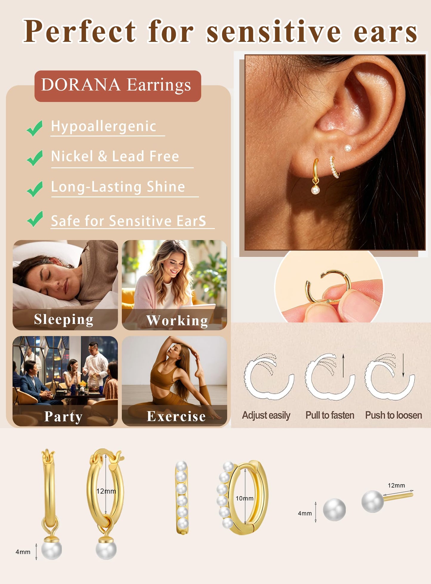 DORANA Gold Pearl Hoop Earrings for Women Non Tarnish Small Huggie Earrings 925 Hypoallergenic Cartilage Stackable Sleeper Hoops Gold Stacks Sets for Multiple Piercing,3 Pairs