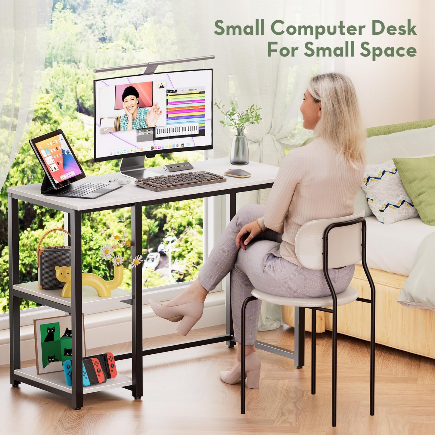 SINPAID 40 Inch Small Computer Desk with Shelves for Small Spaces, Easy Assembly Study Desk, Sturdy Writing Desk for Bedroom & Home Office, Cream White