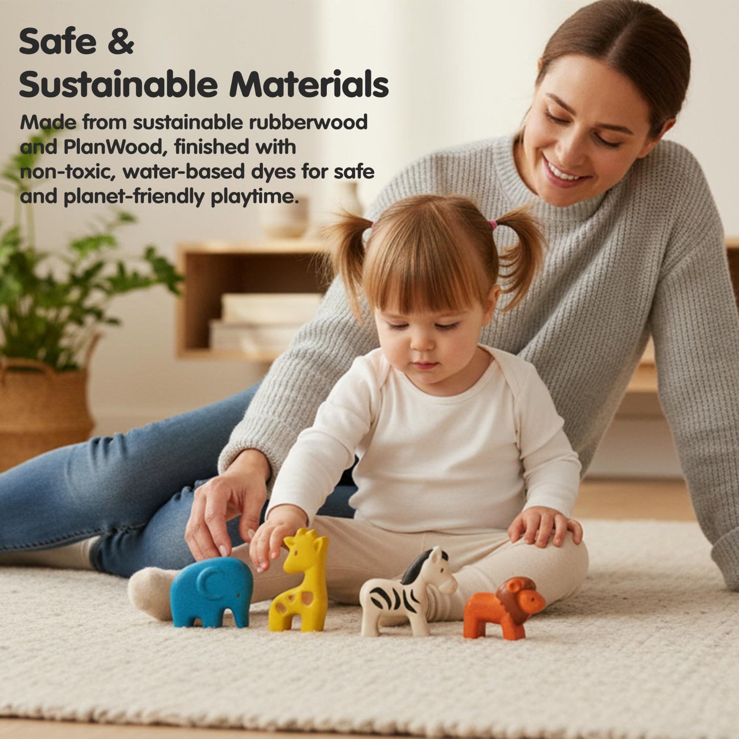 PlanToys® Wild Animals Set Wooden Montessori Imaginative and Creative Play Toy | Language, Social Development and Coordination Activity | Eco Friendly Safari Animal Figurine Set
