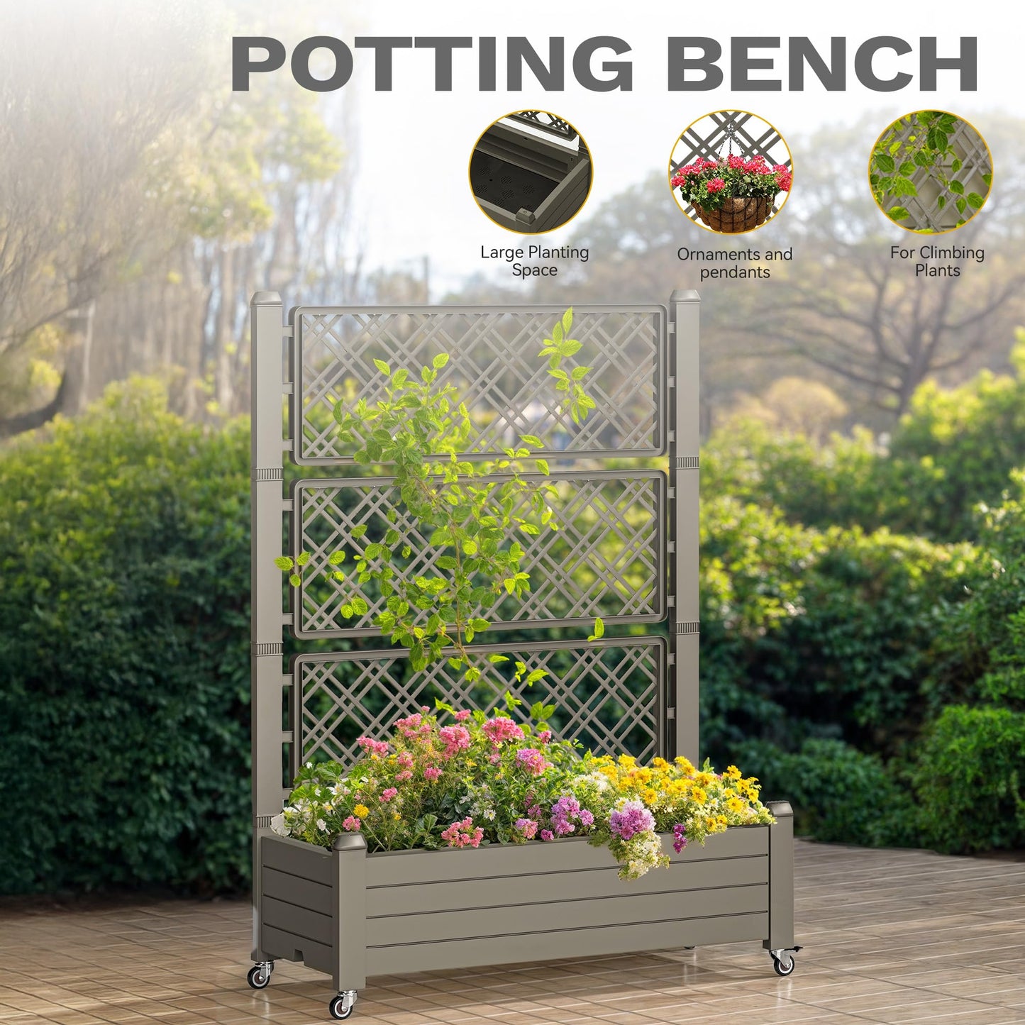 DWVO 3.6 x 1.5 x 5 FT Raised Garden Bed with Trellis, Large Outdoor Planter Trellis Box with Drainage Holes and Wheels for Climbing Plants, Light Brown