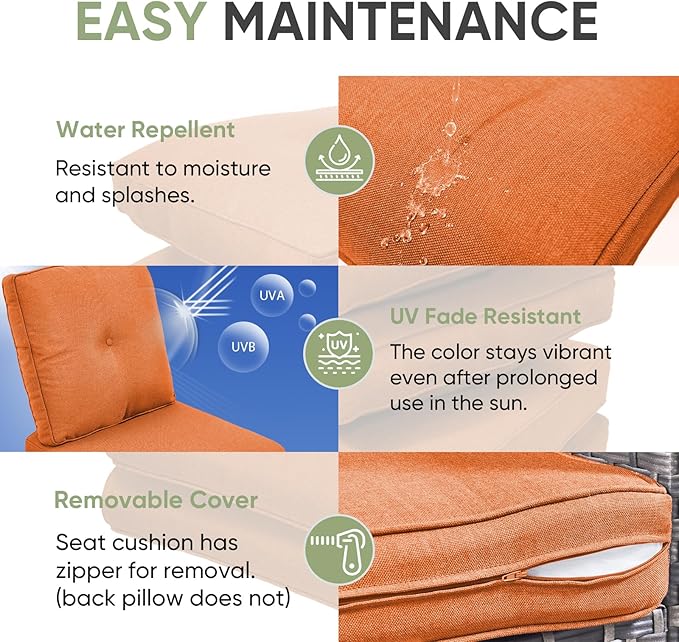 Outdoor Chair Cushion Set of 2, Water-repellent Outdoor Seat Cushions 25x22 , Patio Chair Cushions for Outdoor Furniture, Couch Cushion Replacement, Include 2 Back & 2 Seat Cushions, Button/Orange