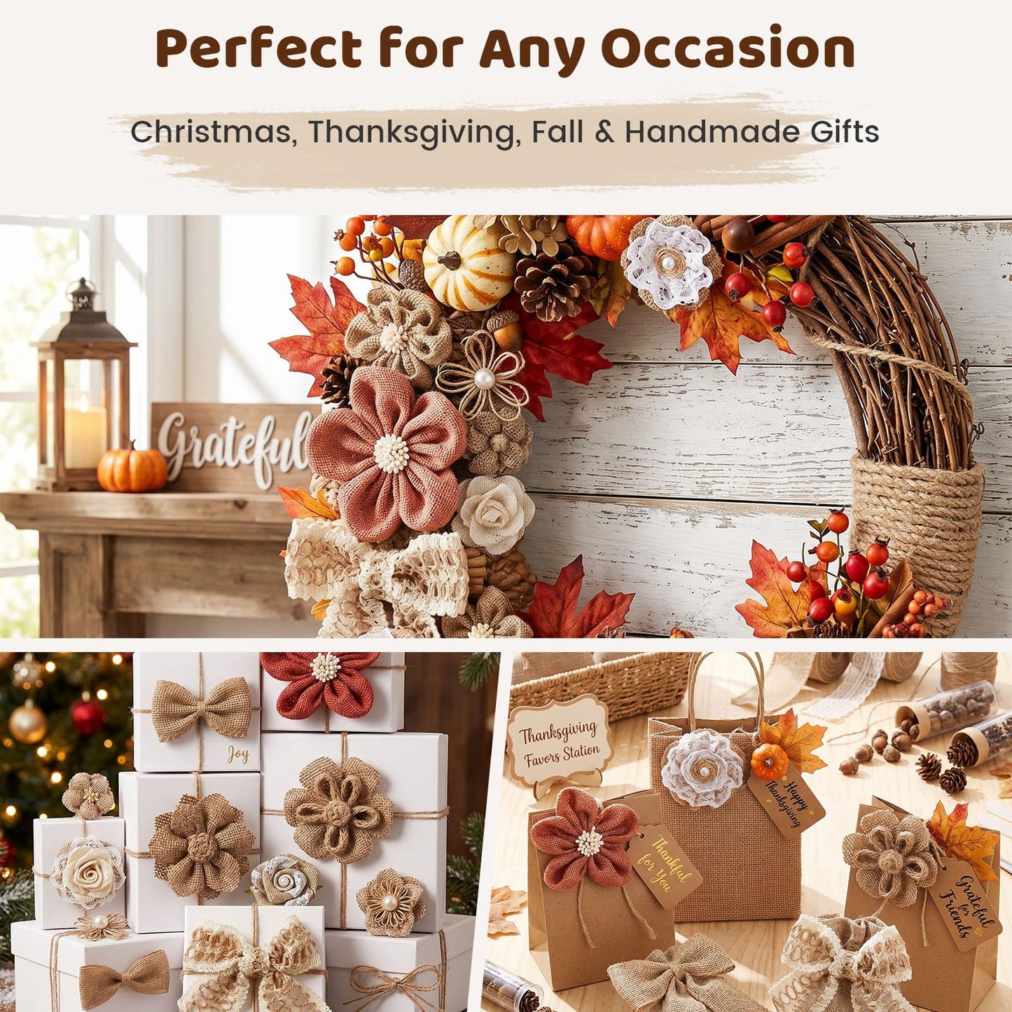 VGOODALL 32 PCS Natural Burlap Flowers Set, Burlap Bows and Scrapbook Embellishments for Wedding Party Decor Home, Embellishments for Crafts