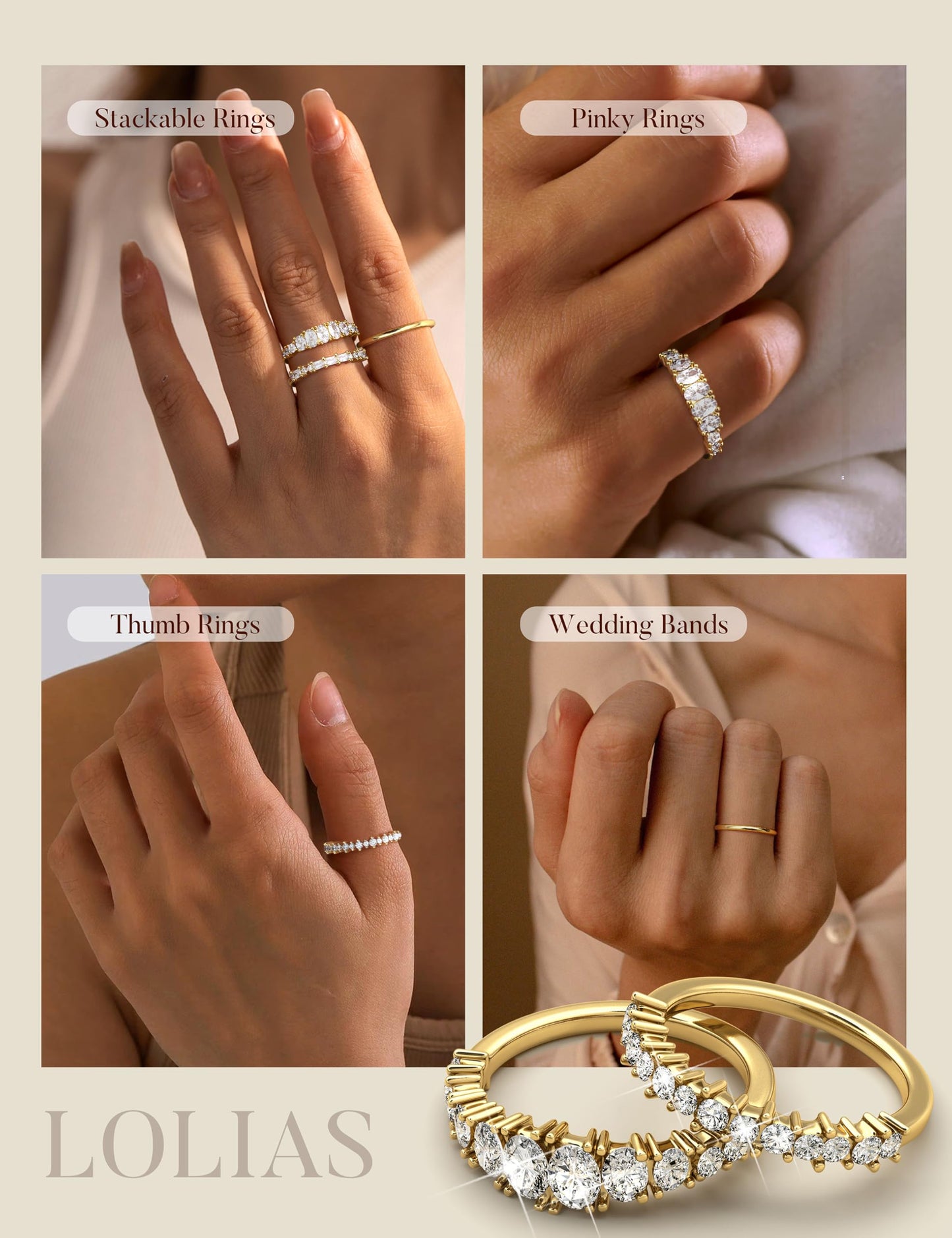 LOLIAS 14K Gold Plated Stackable Rings for Women Non Tarnish - Dainty Cubic Zirconia Wedding Bands Ring Set Minimalist Trendy Statement Engagement Promise Thumb Rings Stacking Size 5-10 Size 10