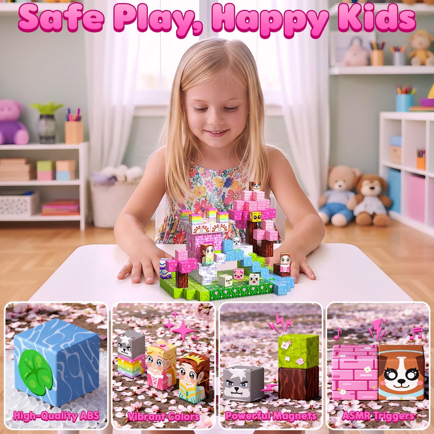 SSAWER Magnetic Blocks, 100PCS Magnetic Building Blocks, Stacking Magnets for Kids, Sensory Toy for STEM Constructions Magnet Blocks for Girls Age 3+, Christmas Birthday Gifts