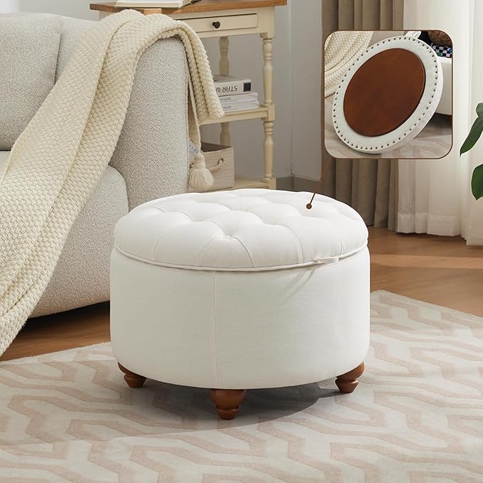 24Inch Round Storage Ottoman with Tray, Modern Tufted Fabric Circle Coffee Table with Storage, Upholstered Ottoman with Removable Top for Living Room, Bedroom, Beige