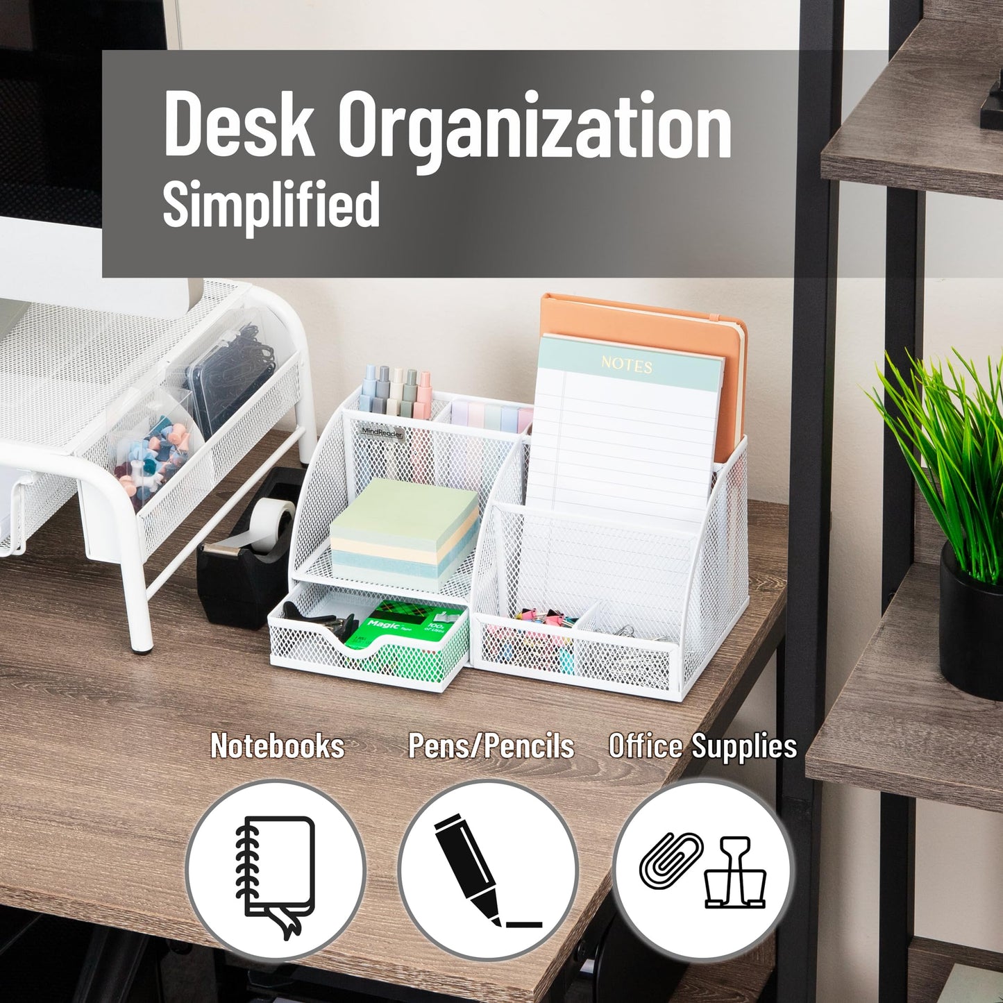 Mind Reader 7-Compartment Desktop Organizer, File & Accessory Storage, Metal Mesh Office Organizer for Desk, Workspace, Mail, White