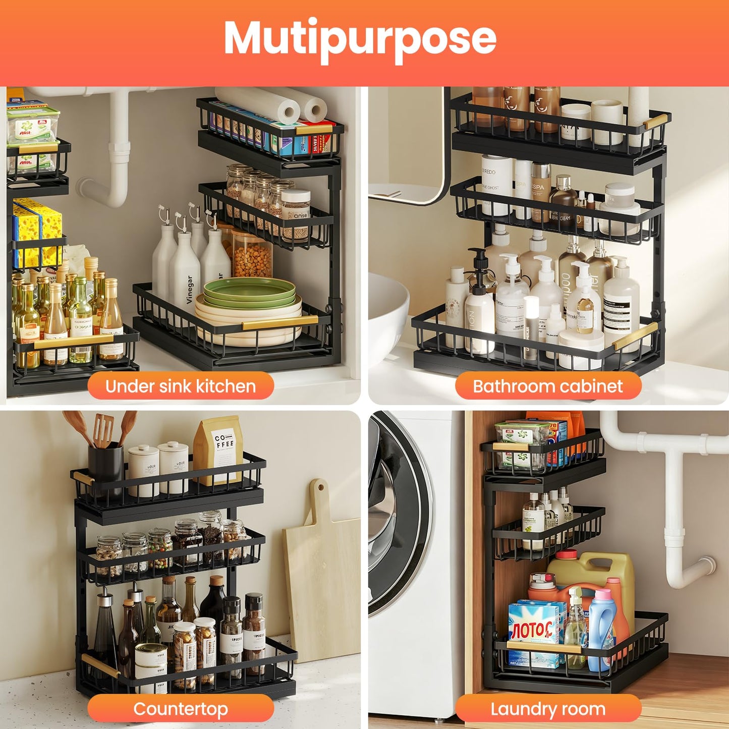 Aekenr Under Sink Organizer and Storage for Bathroom and Kitchen - 2 Pack 3 Tier Under Cabinet Pull Out Shelf Organizers - Slide Out Drawer Organization for Home Cabinets Shelves and Drawers