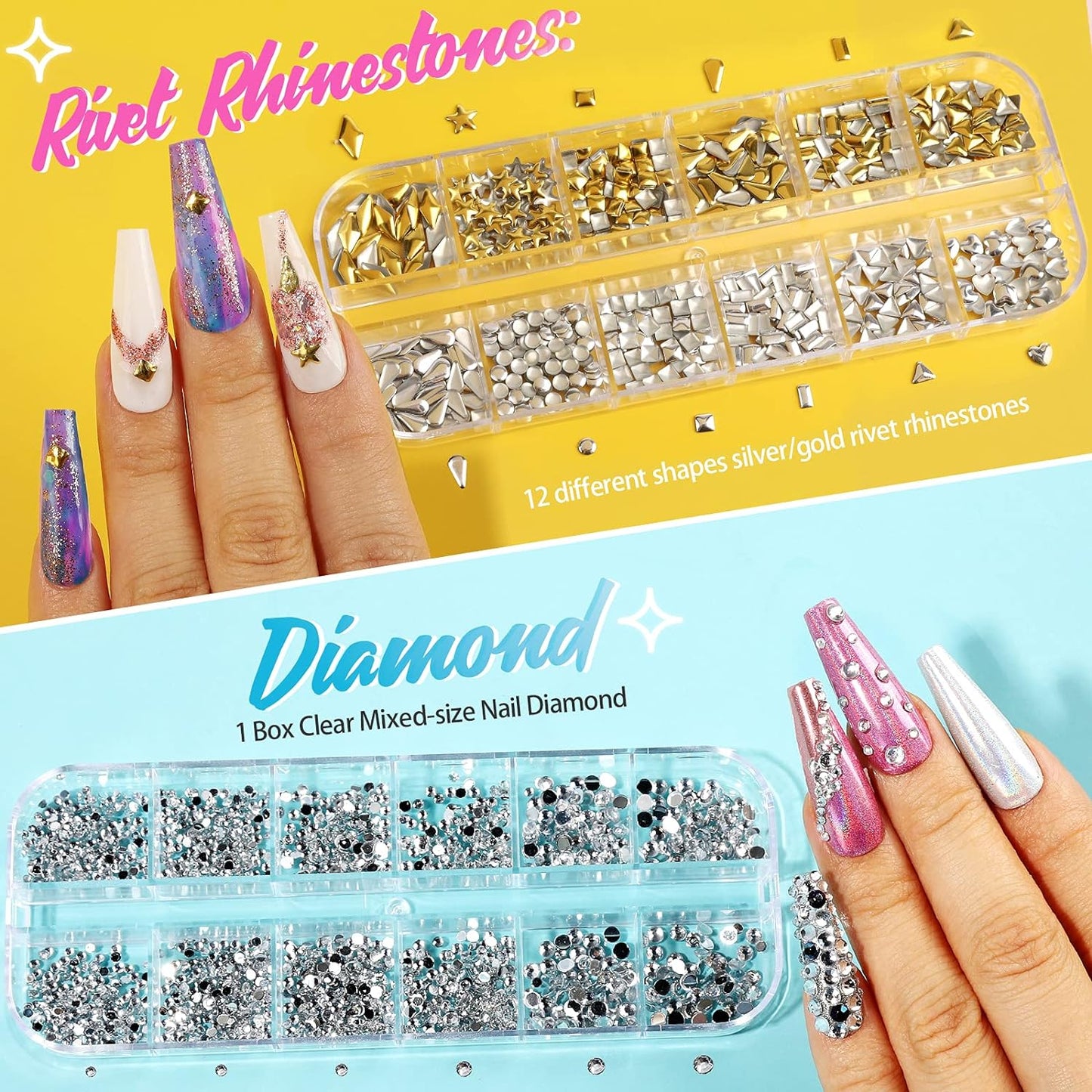 Teenitor 41 Boxes Rhinestones for Nails, Nail Gems 5 Boxes Nail Art Rhinestones 36 Boxes Nail Flakes, Nail Gems Stone Nail Design Kit, Nail Rhinestones for Nail Art Nail Accessories
