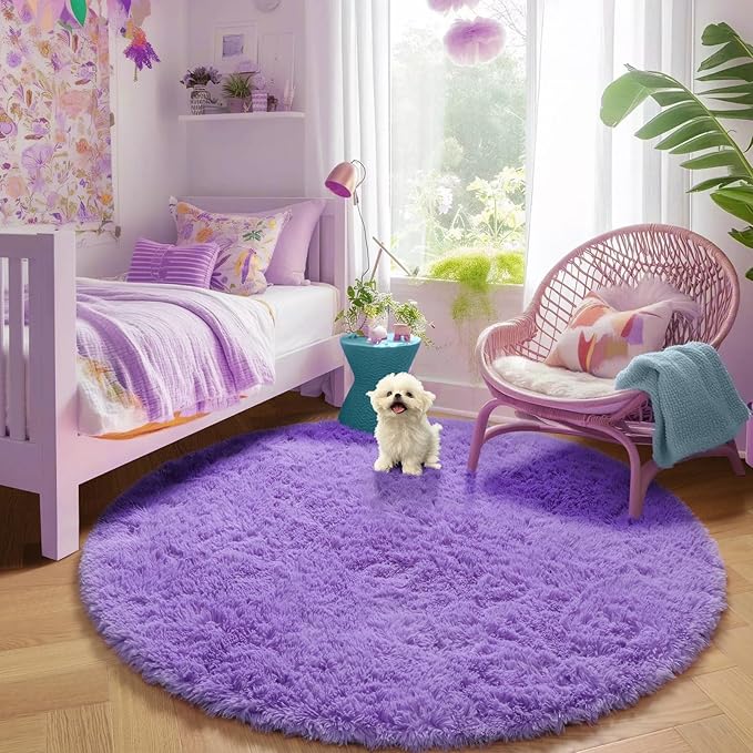 Amdrebio Purple Round Rugs 4Ft for Girls Bedroom Decor Aesthetic, Fluffy Fuzzy Circle Area Rugs for Kids Room, Soft Cute Furry Plush Shaggy Throw Lavender Carpet for Living Room, Baby Nursery, Dorm