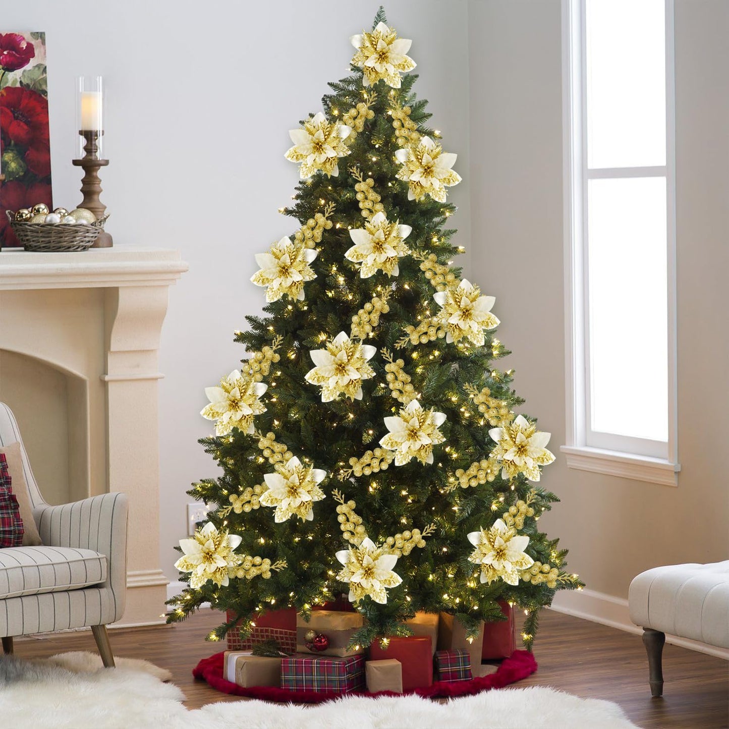 trytuny 50pcs Glitter Poinsettia Christmas Ornaments, Artificial Flowers with Clips Stems for DIY Wreath Making, Holiday Home Party Decorations, Indoor Use (Gold)