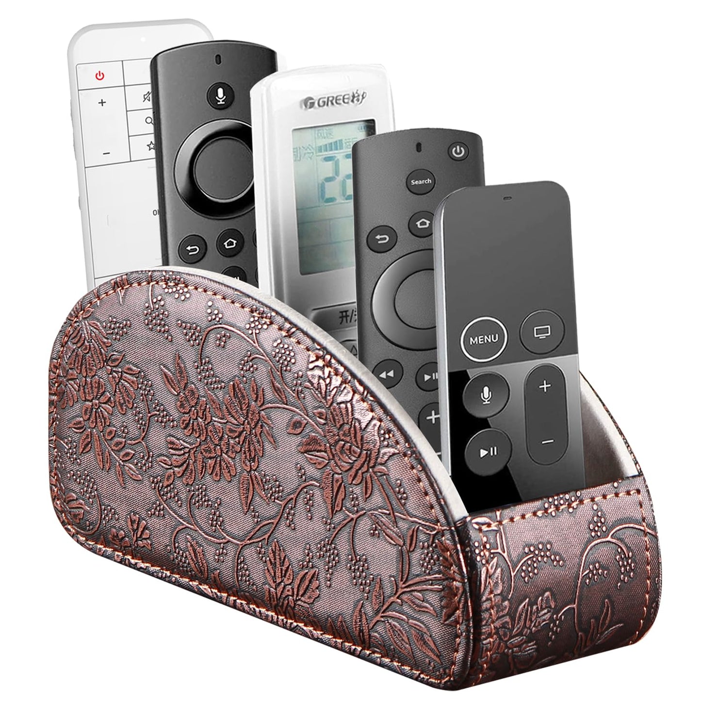 YAPISHI All-in-One Leather Brown TV Remote Holder with 5 Compartments Nightstand Desktop Media Player Remote Caddy Storage Box Organizer Tray for Mobile Office Phone Controller