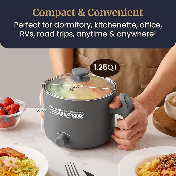 Elite Gourmet NOODLE EXPRESS™ Hot Pot, Prepare Ramen, Rice, Soups, Stews, Boil Water, Stainless-Steel Interior, Glass Lid, High/Low/Off Settings, Grey