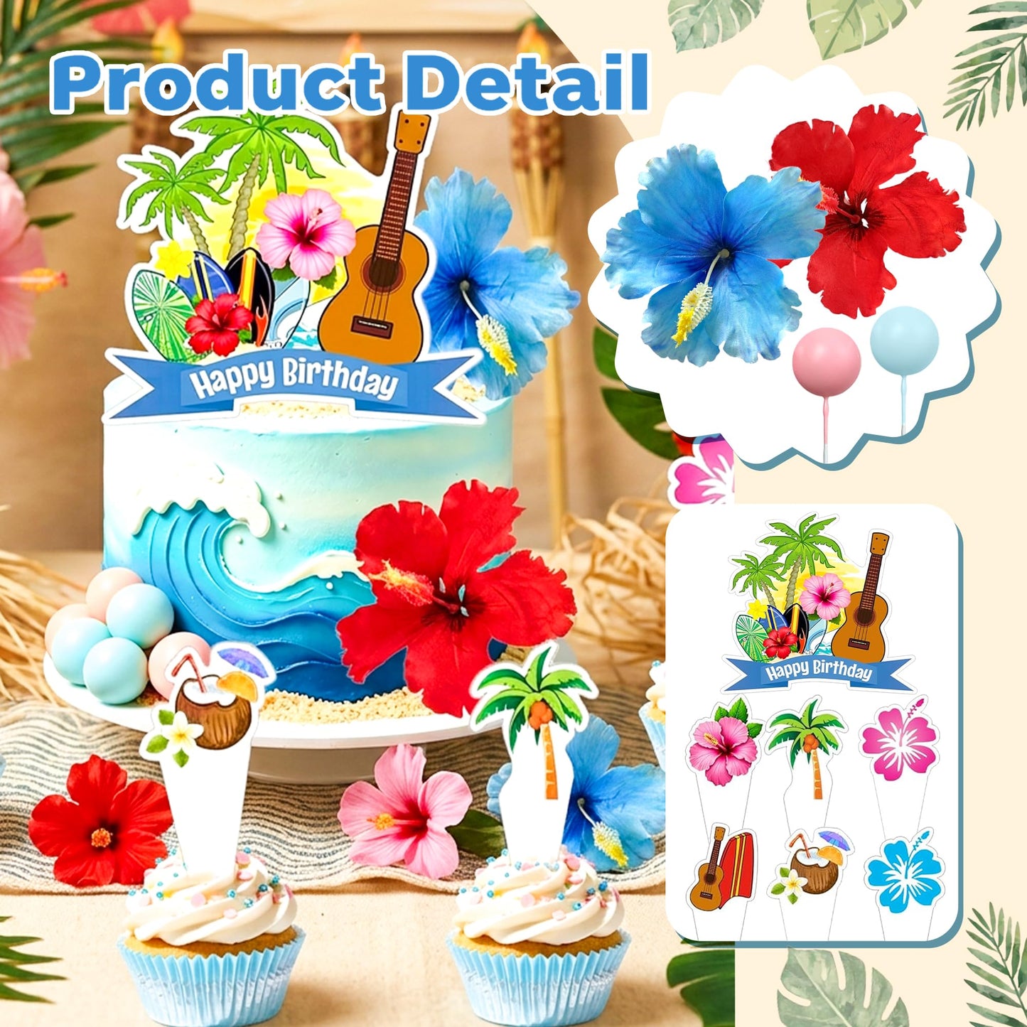 LaVenty Hawaiian Birthday Cake Decorations Tropical Cake Topper Luau Birthday Cake Toppers Hibiscus Flowers Cake Decorations