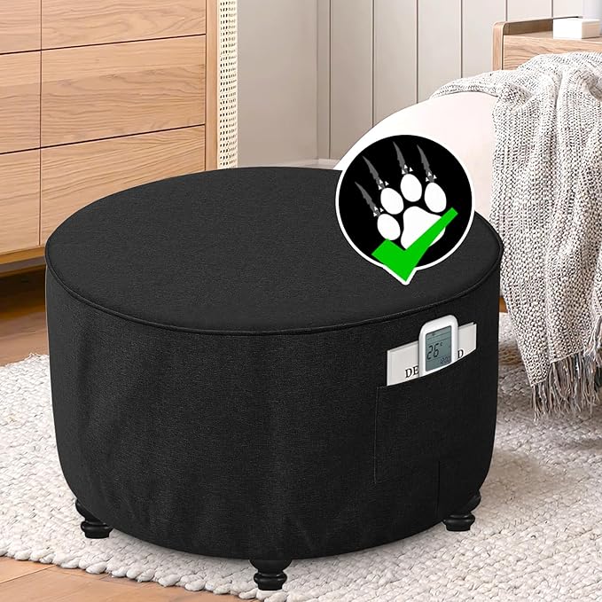 H.VERSAILTEX Round Ottoman Cover Thick Linen Look Ottoman Slipcover Round Ottoman Storage Cover Folding Stool Covers Furniture Protector Cover for Footrest Ottoman Fit Dia 36" - 38", Heather Black