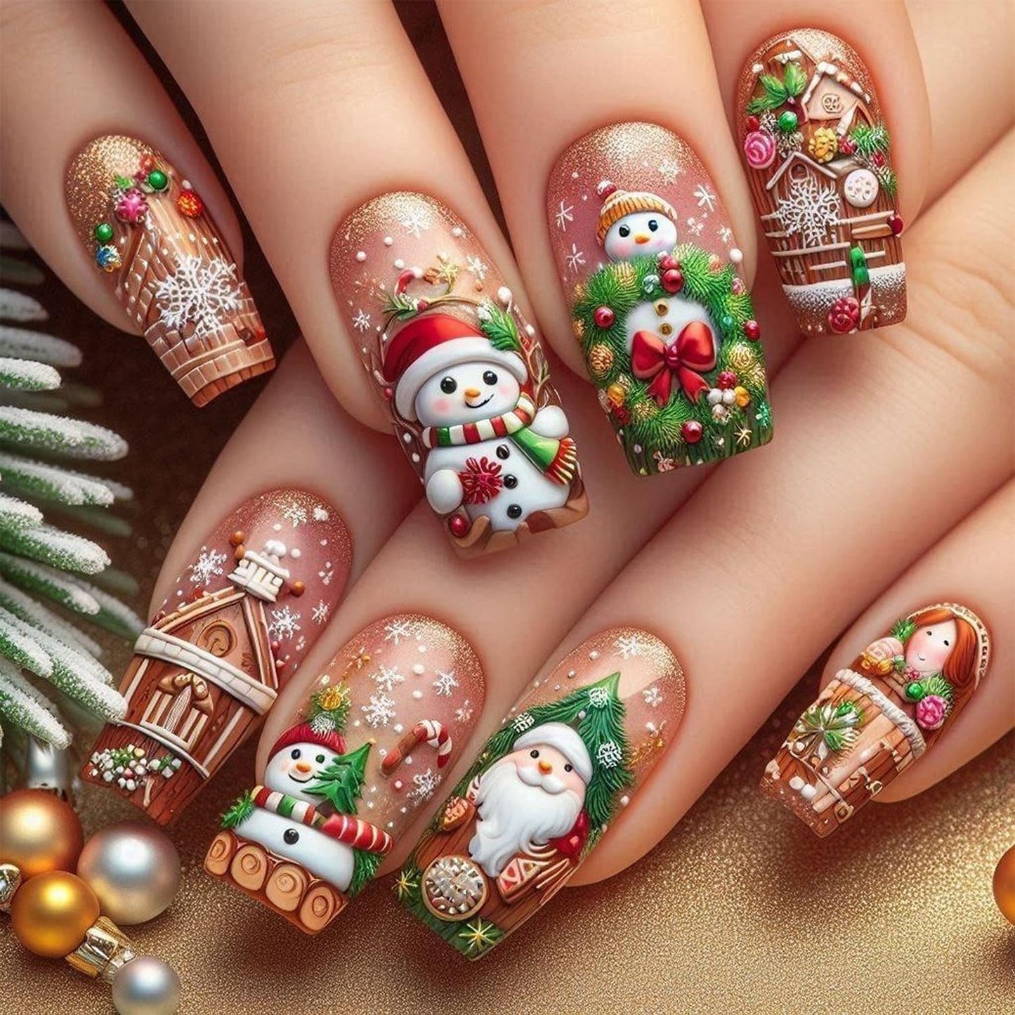 Christmas Press on Nails Christmas Theme Medium Glossy Acrylic Square Shaped Winter False Nails with Snowflake Designs Artificial Xmas Relief Snowman Fake Nails for Women Manicure Decoration 24 Pcs