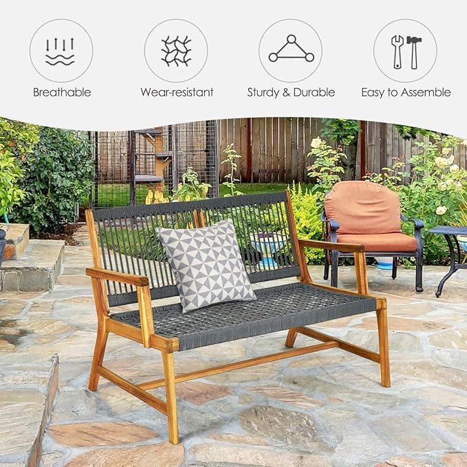 Tangkula 2-Person Patio Acacia Wood Bench Loveseat, Outdoor Patio Rope Bench in Teak Oil Finish, for Balcony Deck Poolside Porch (Grey)