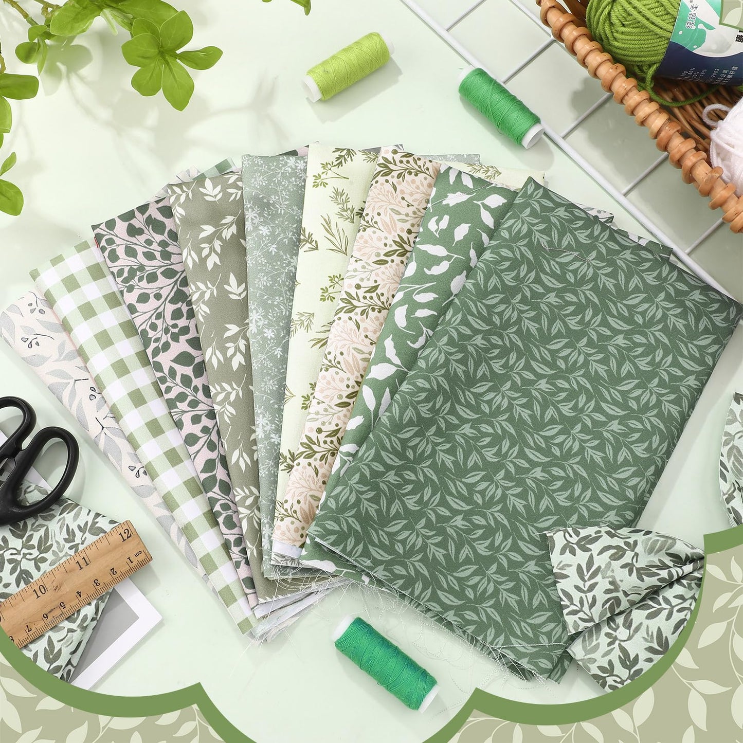 Hahafelt 10 Pcs 18 x 22 Inch Sage Green Fat Quarters Greenery Precut Fabric Bundles Botanical Green Leaves Plaid Flower Quliting Squares Patchwork for Spring Summer DIY Craft Sewing Quilt Material