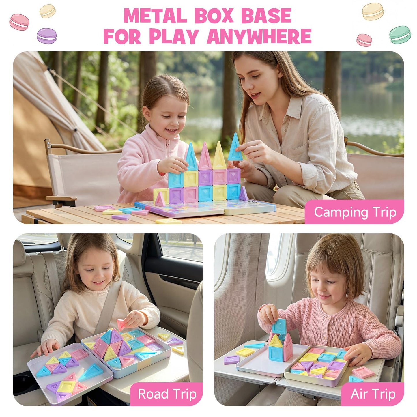 burgkidz Mini Magnetic Tiles Girls Travel Toy- 40 PCS Macaron Magnet Blocks with Pink Tin Box - 120 Mins Quiet Play for Airplane Car Essentials, Present for Girls Ages 3-8 Year Old