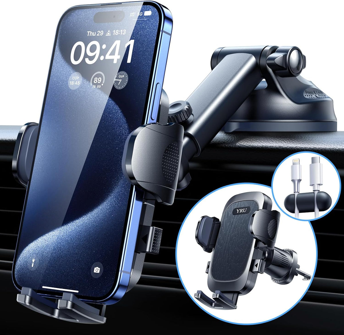 【2025 Military-Grade】Phone Holders for Your Car【Upgraded 90+LBS Strongest Suction & Clip】Cell Phone Mount Dashboard Windshield Vent Truck Automobile Cradle for iPhone 16 Pro Max 15 14 13 Android,Black