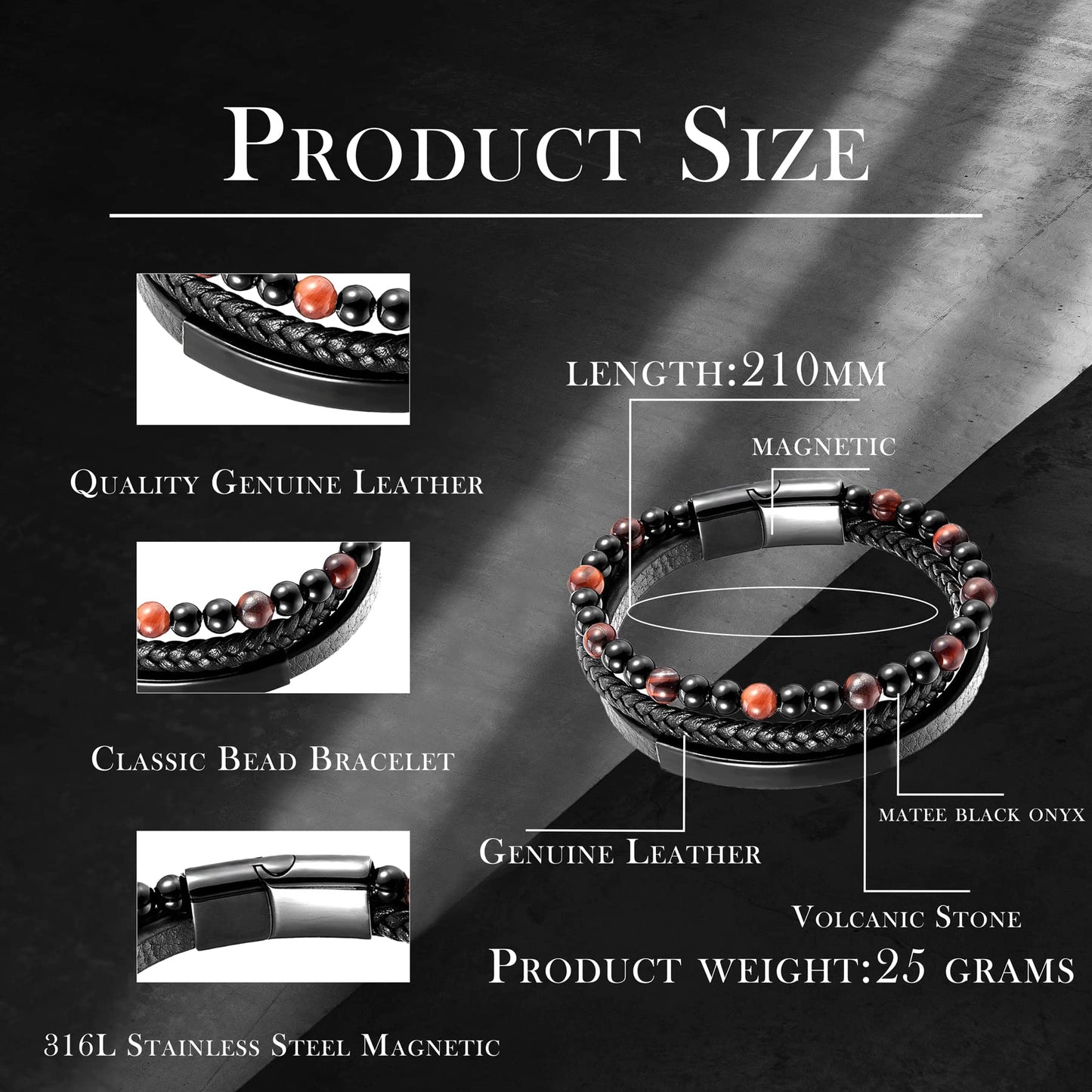 Raymard Mens Tiger Eye Matee Black Onyx Lava Rock Volcanic Stone Beaded Bracelet, Black Braided Leather Bracelet for Men-Matee Black Onyx&Lava Rock