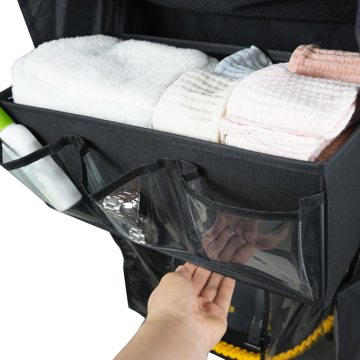3in1 Over The Door Shoe Organizer with 5 Slanted Compartments,Removable Storage Bin & Transparent Pockets,Thickened Waterproof Oxford Fabric Shoes Rack for Shoes,Boots,Toys,Daily Essentials. (Black)