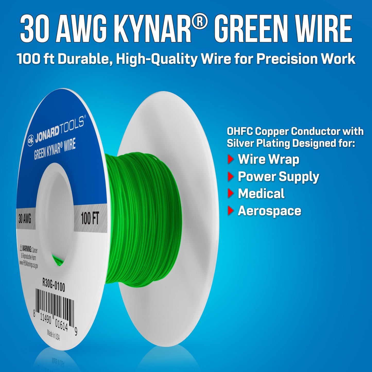 Jonard Tools R30G-0100 Green Insulated Kynar Copper Wire Roll, 30 AWG, 100 ft Length