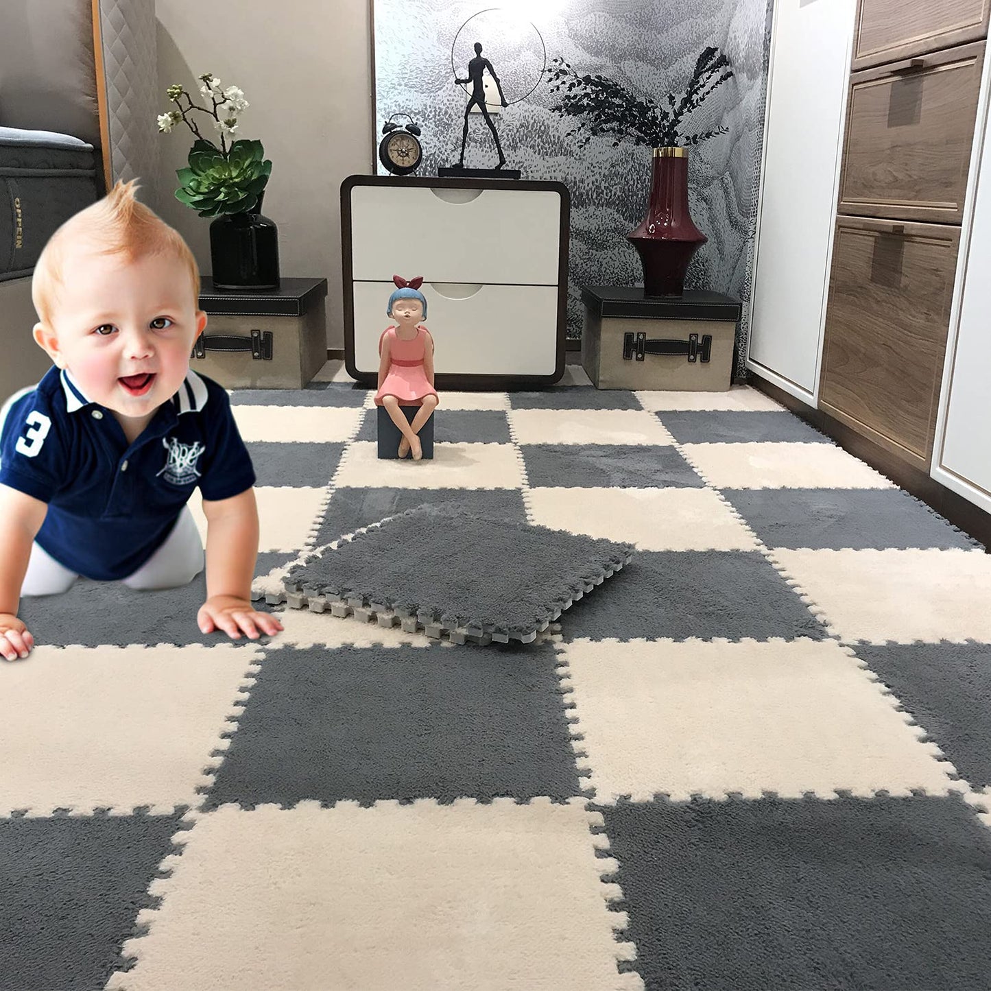 12 pcs Thickened Plush Interlocking Floor Mat 0.6" Thick- Fluffy Square Tiles with 12 Edgings Soft Anti-Slip Puzzle Area Rug Playmat for Room (11.8", Gray & Light Brown)