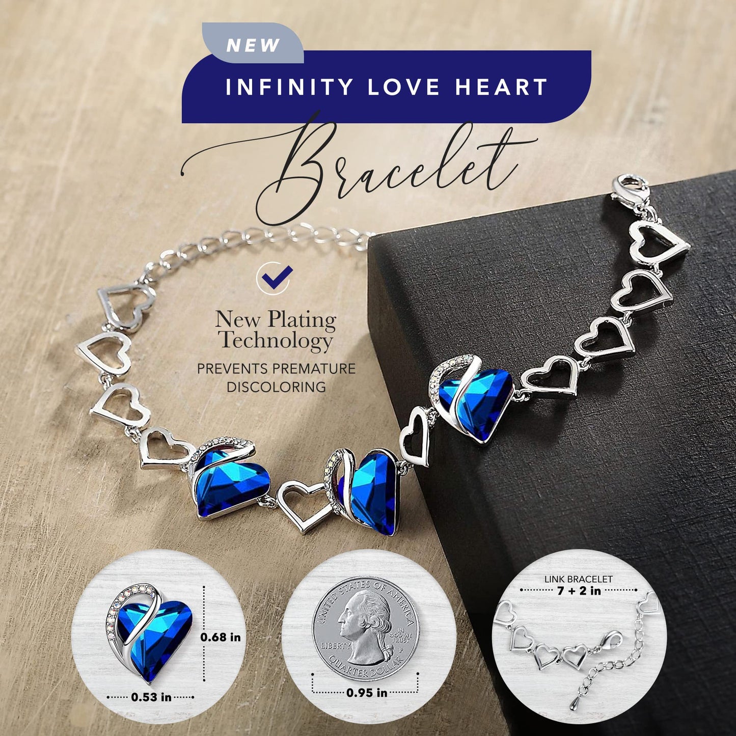 Leafael Infinity Love Heart Gift Bracelet for Women, September Birthstone Crystal, Rainbow Blue, Silver Tone, 7-inch Chain and 2-inch Extender