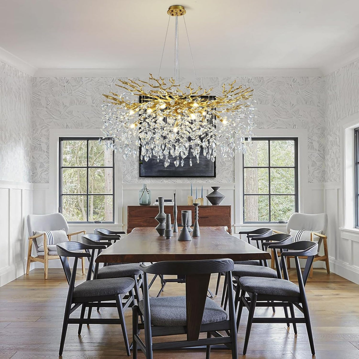Modern Crystal Chandeliers for Dining Room Over Table, 40" Round Gold Tree Branche Chandelier, Large Crystal Chandelier for Living Room,High Ceiling,Foyer,Entryway,Kitchen Island,Staircase