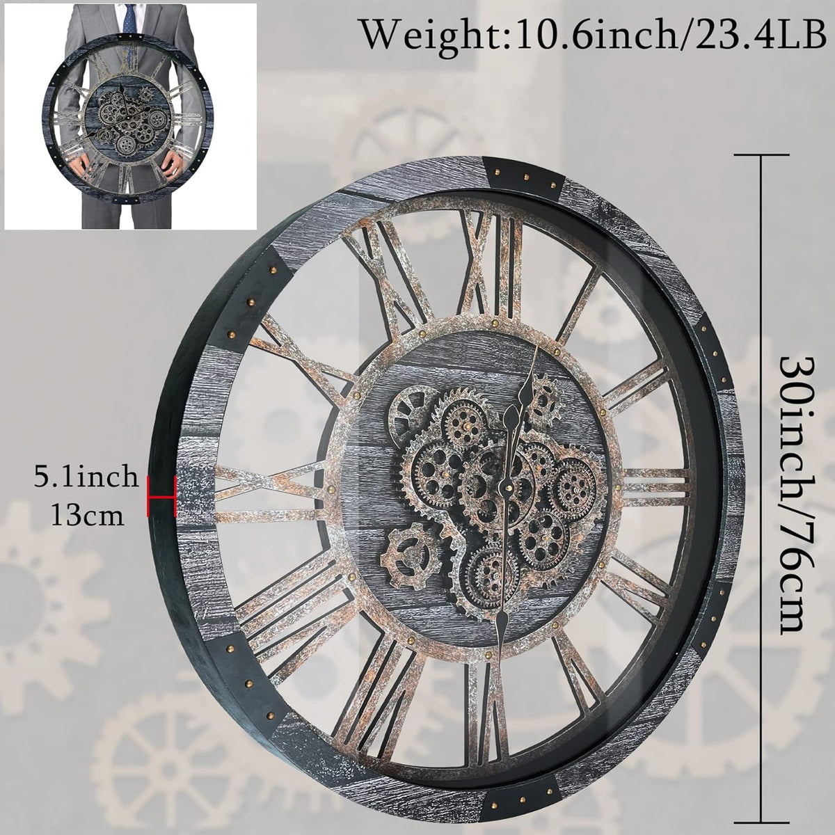 30 Inch Industrial Steampunk Wall Clock, Gray, Battery Operated, Real Rotating Gears, Solid Wood Frame, Oversized Wall Clock for Living Room Decor