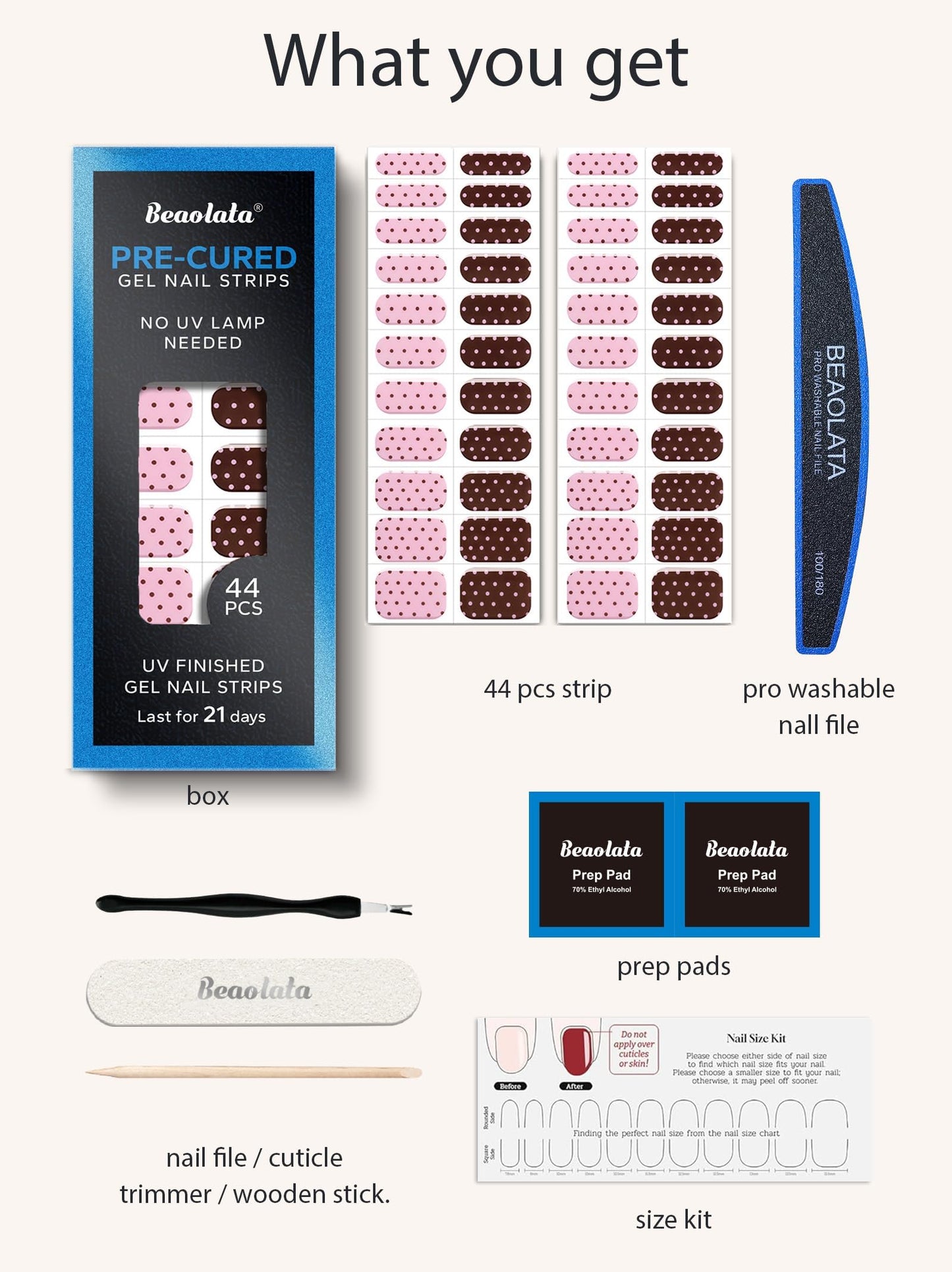 Beaolata Real Gel Nail Strips (No UV Light Needed) - 44Pcs Salon Quality Nail Stickers - Long Lasting Polish Wraps for Women, Easy Apply & Remove (Pink Cocoa Pop)
