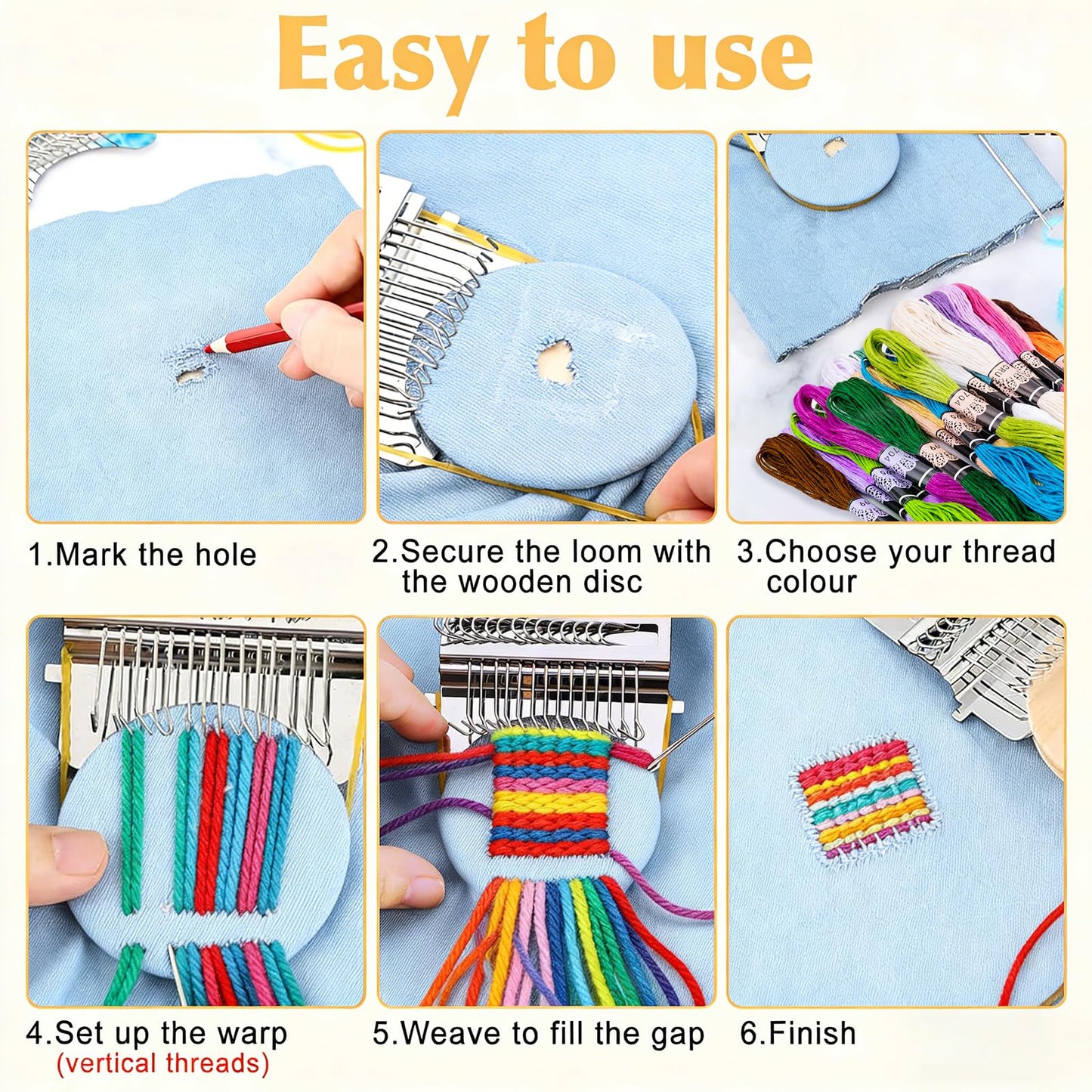 Meetory Knit Patch - Mushroom Mini Darning Loom, Knitpatch Kit with 14 Hooks Small Weaving Loom 14 Pcs Large Eye Needles 50 Color Threads for Handcraft DIY Weaving Repair Tool for Mending Jeans Socks