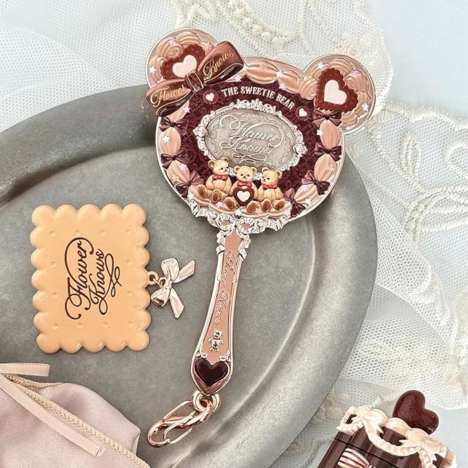 Flower Knows The Sweetie Bear Hand Mirror,Vintage Portable Handheld Mirror,Fancy & Pretty Princess Mirror with Long Handle,Gift for Girls(Carmal Brown)