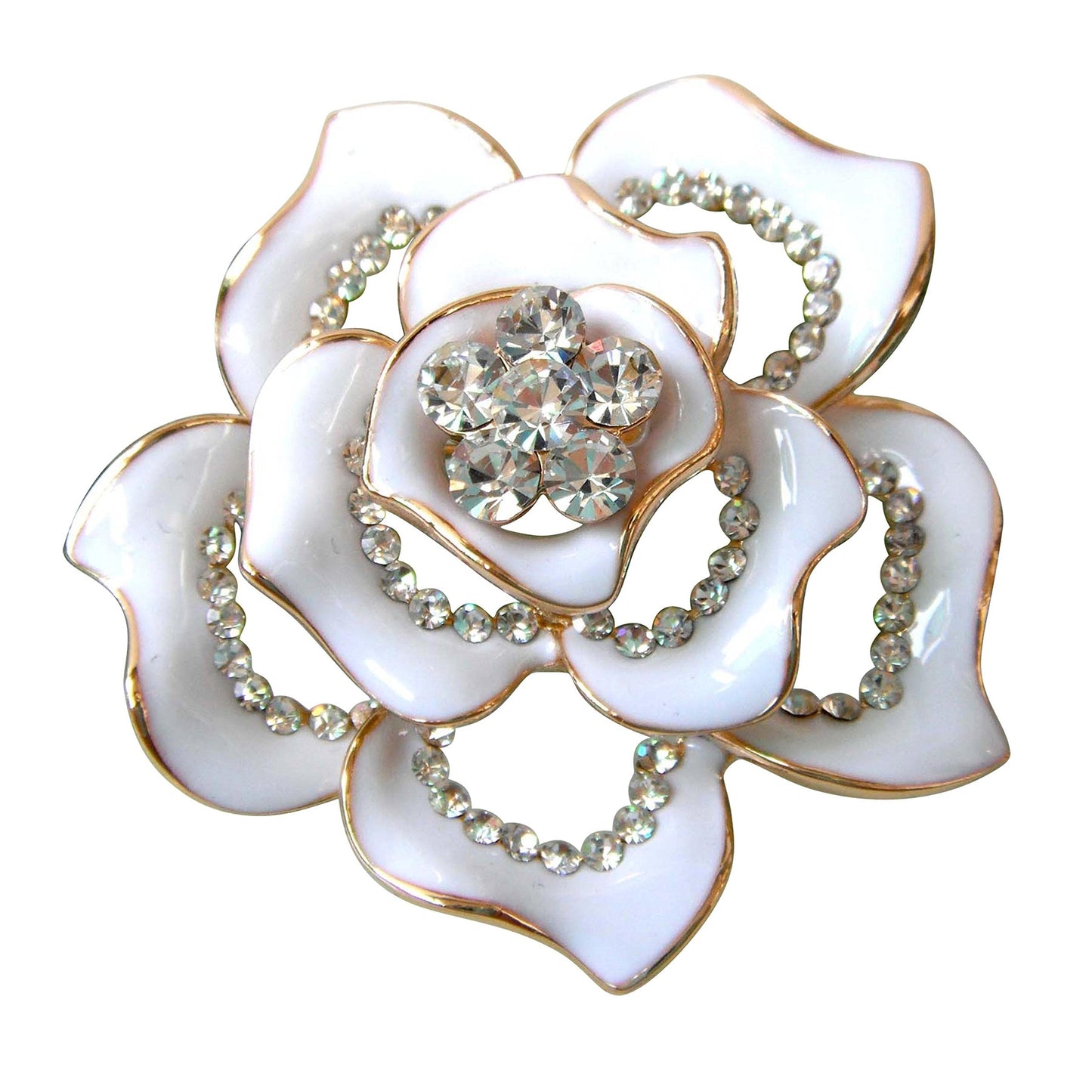 Navachi 18k Gold Plated Clear Crystal White Enamel Flower Az7433b Brooch Pin