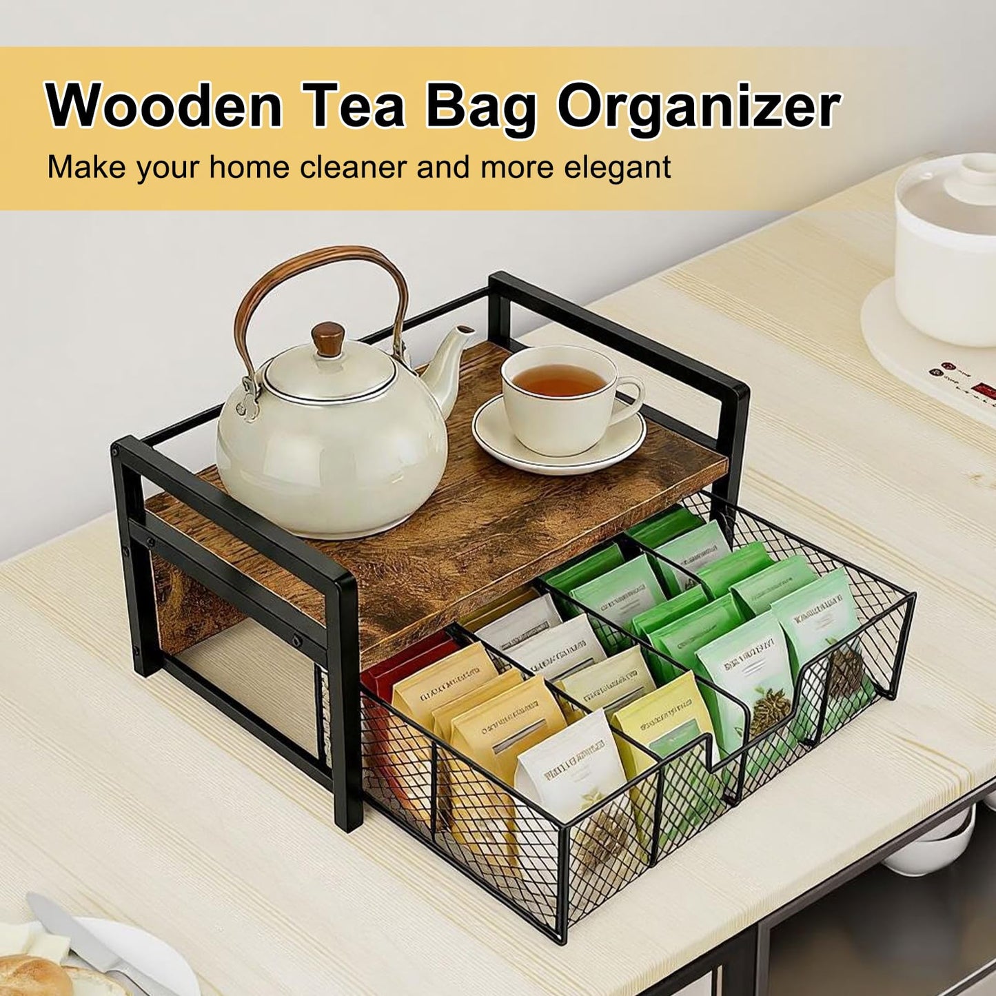 ULIKEUS Tea Bag Organizer Wood Tea Organizer with 8 Compartments Storage Chests Tea Station Chest Display Container Box for Countertop Kitchen