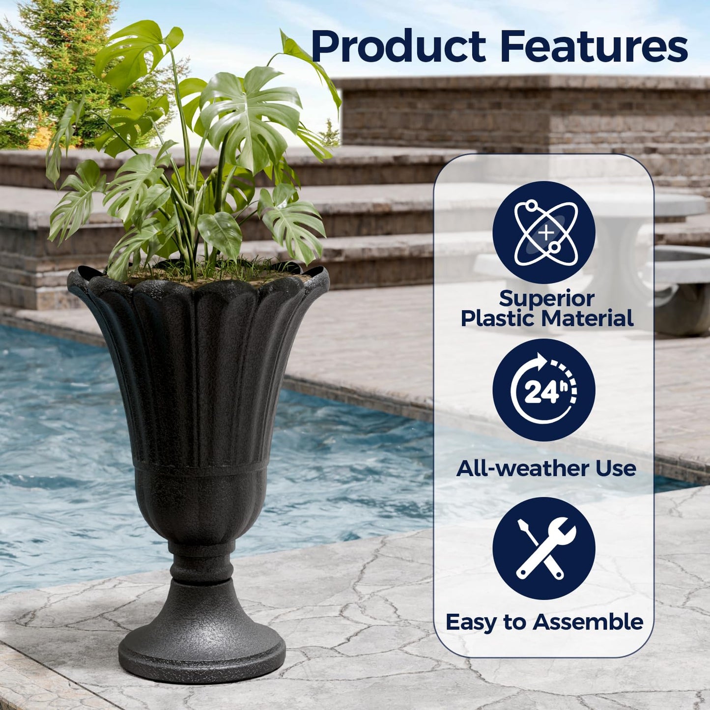 FONTOI 23" Tall Plastic Urn Planter (2-Pack) – Planters for Outdoor Plants with Drainage Holes & Petal Design, Heavy-Duty Classic Indoor Large Flower Pots for Home Garden, Front Porch & Decor, Black