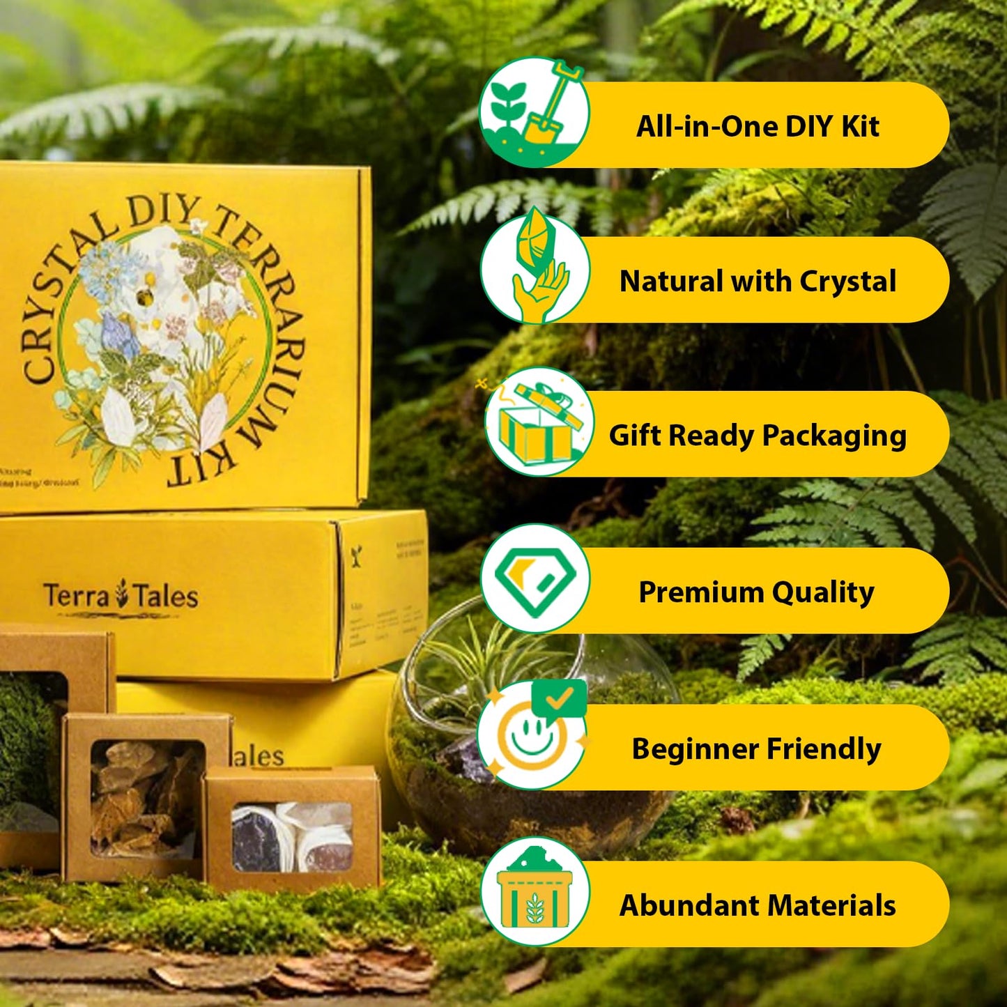 DIY Crystal Terrarium Kit - 21-Pieces All-in-One Starter Kit with Preserved Moss, Pumice, Crystals, Coconut Coir, Tools & Decor | Healing Gift for Relaxing | Plants Lovers | Home & Desk Decor