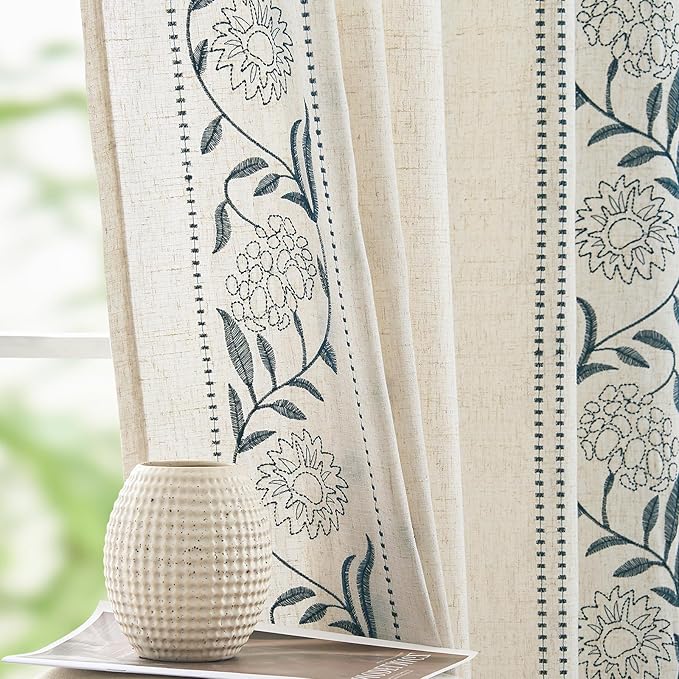 jinchan Winslow Linen Curtains for Bedroom 84 Inches Length Embroidered Bordered Floral Curtains for Living Room Farmhouse Decor Light Filtering Window Treatments Blue on Beige Drapes 2 Panels