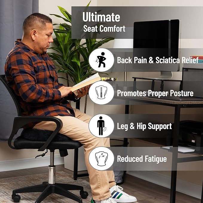 Mind Reader Memory Foam Seat Cushion, Air-Cloud Technology, Ergonomic Pressure Relief for Office, Car, and More, Relieves Hip, Tailbone, Coccyx & Sciatica Pain, 18" L x 13.5" W x 2.75" H, Black