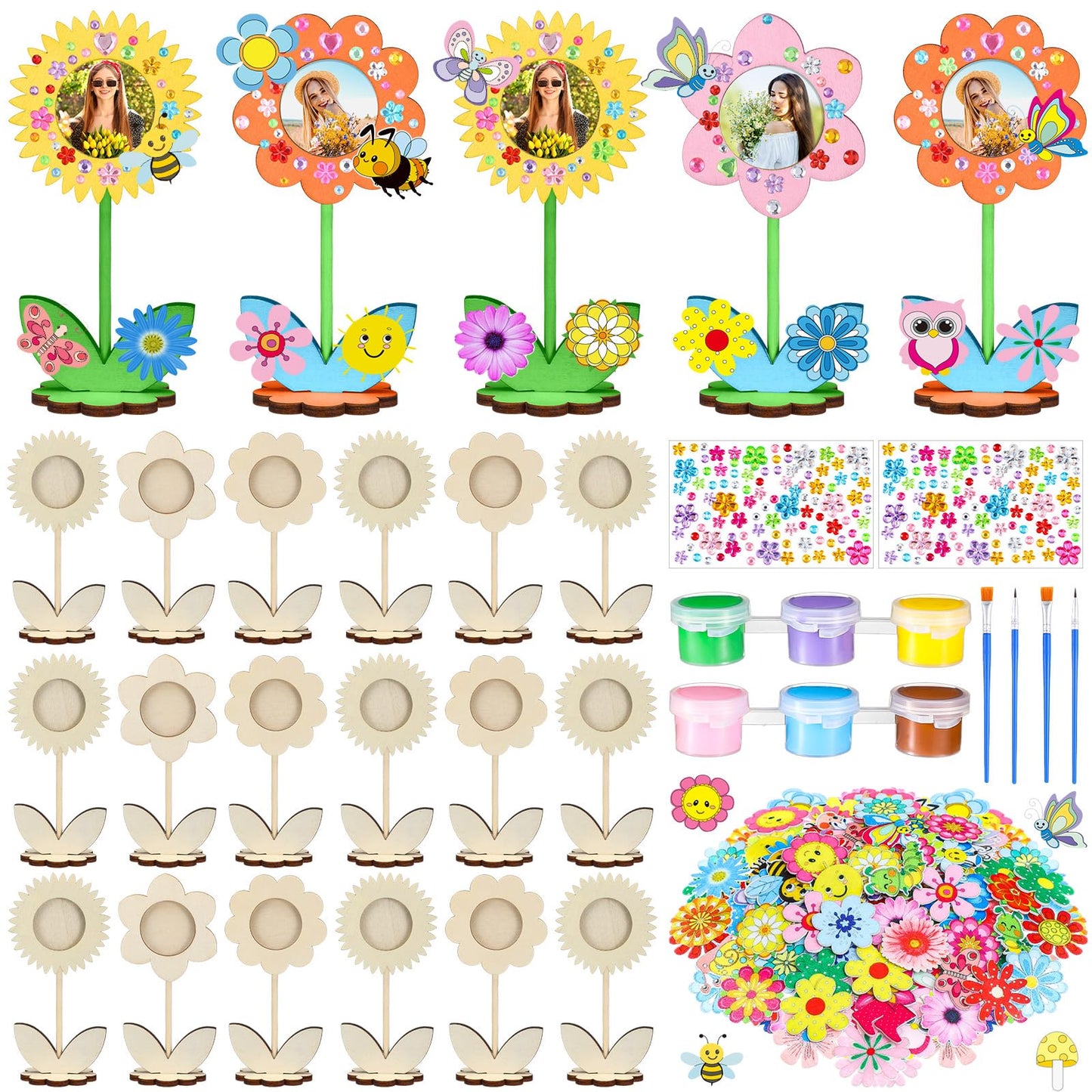 24 Sets Mother's Day Crafts Bulk Spring DIY Flower Picture Frame Kit Unfinished Solid Wood Flower Picture Frames Craft with Gems Sticker Paint Brush for DIY Birthday Party Gift(Assorted Styles)