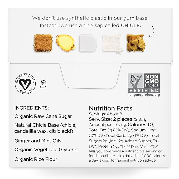 SIMPLY Gum Ginger, Plastic-Free Natural Chewing Gum, Made with real Ginger, 6 Pack (90 Pieces) | Vegan, Kosher, Non GMO, Aspartame Free and Sorbitol Free