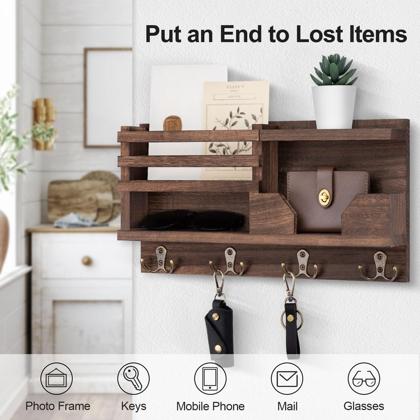 Lwenki Mail and Key Holder for Wall – Decorative 15.9” x 8.7” x 3.2” Entryway Organizer with Shelf – Paulownia Wood with 4 Dual Hooks Includes Mounting Hardware and Installation Guide