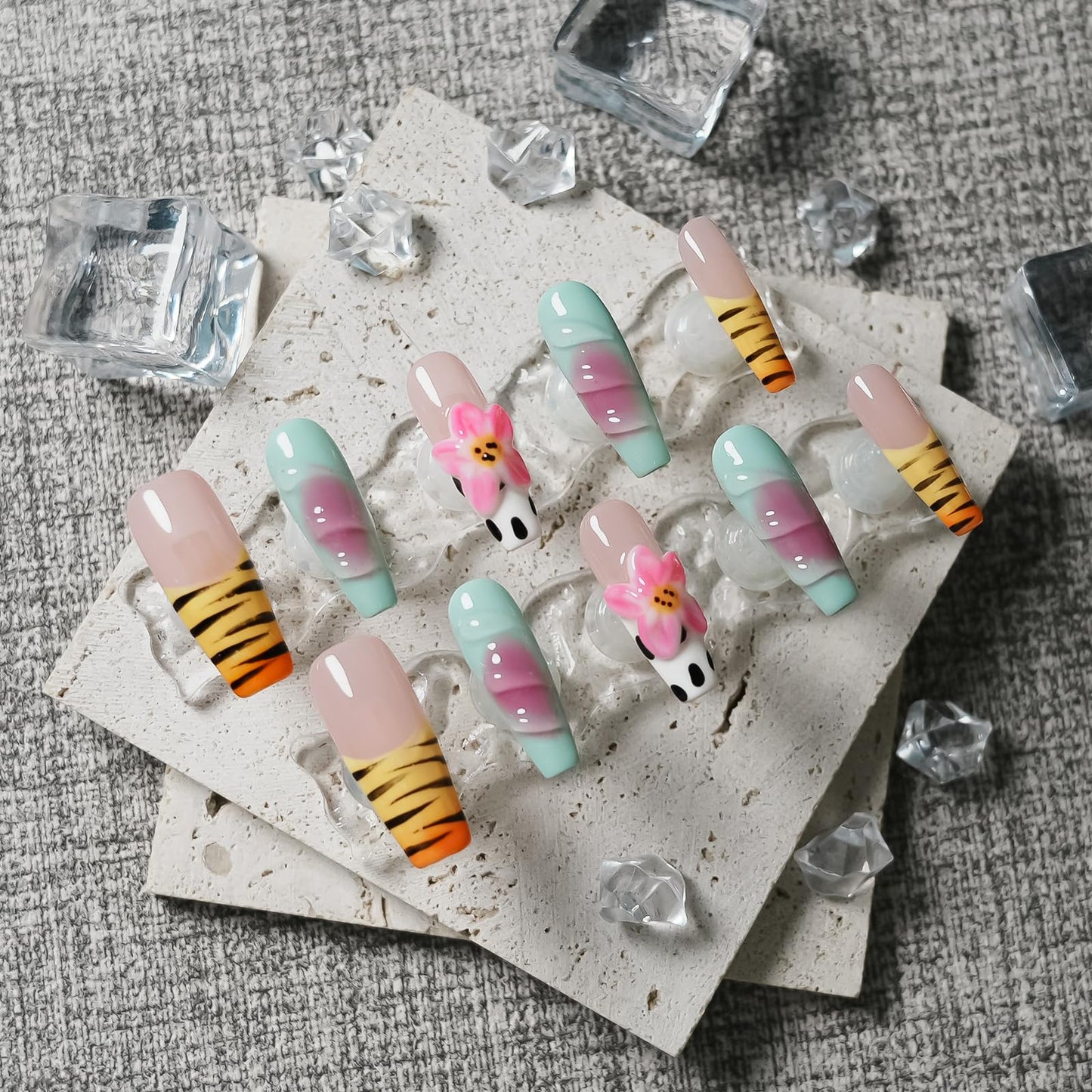 Tesytto Long Coffin Press on Nails Handmade Muti-Layer Gel Fake Nails - 3D Lotus Flowers & Tiger Print, French Tip Glossy Thick Acrylic Nails (Playful Zebra with Lotus,M)