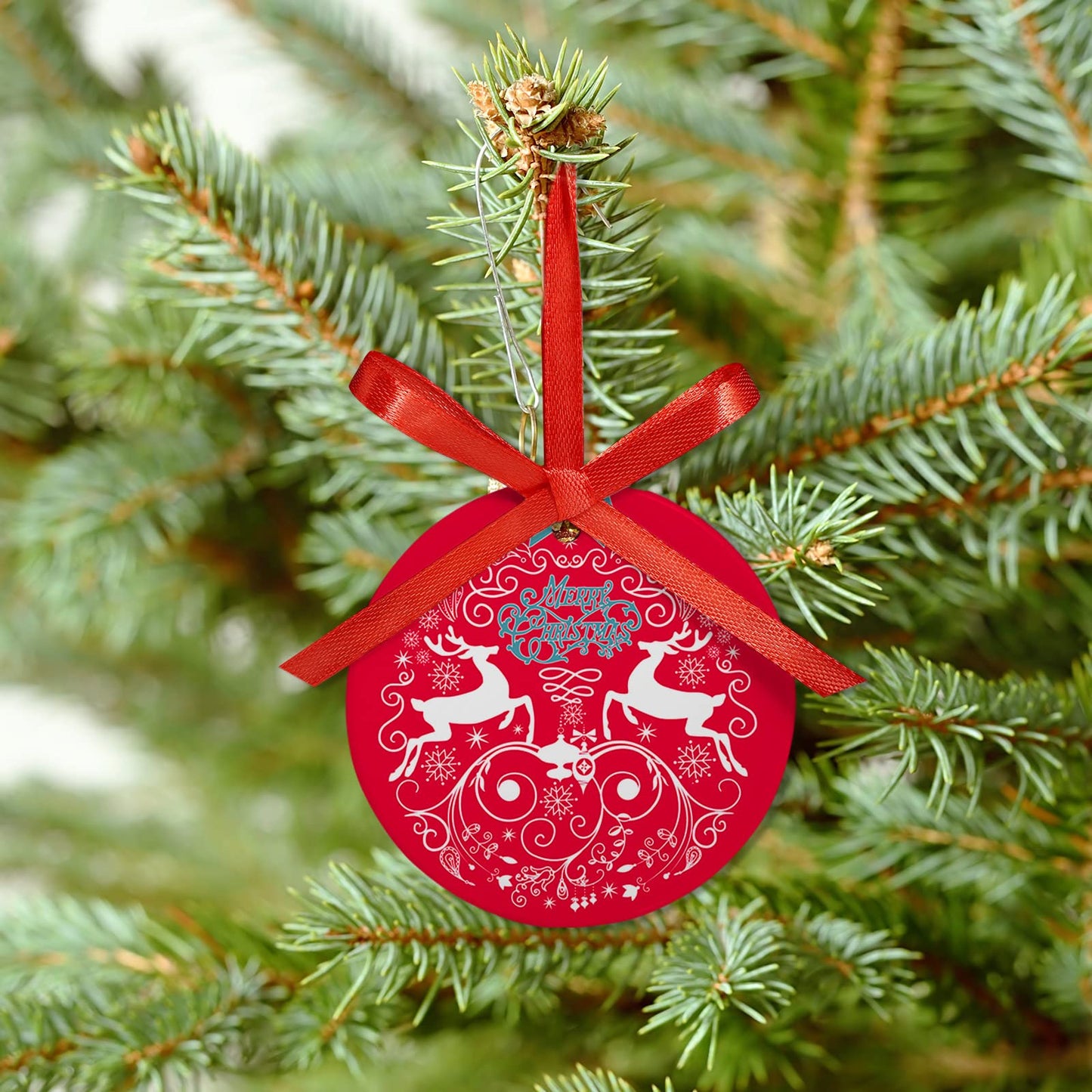 Patelai 15 Pieces Christmas Sublimation Ceramic Ornaments 3.15 Inch Round White Ceramic Christmas Ornaments DIY Blanks with Red Satin Ribbon Decoration