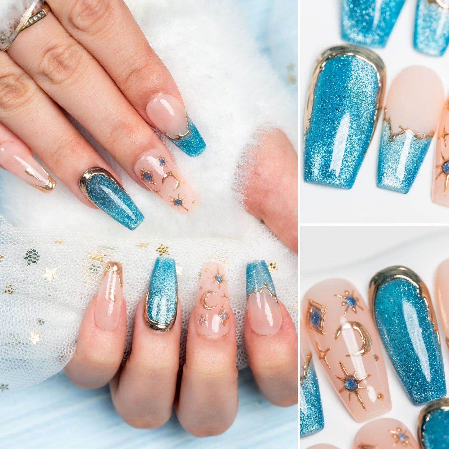 Sun&Beam Nails Handmade Press-On Medium Long Coffin Ballerina with Pink Blue Gold Color 3D Design Charm Cat Eye Cute False Nail Tips 10 Pcs (#082 L)